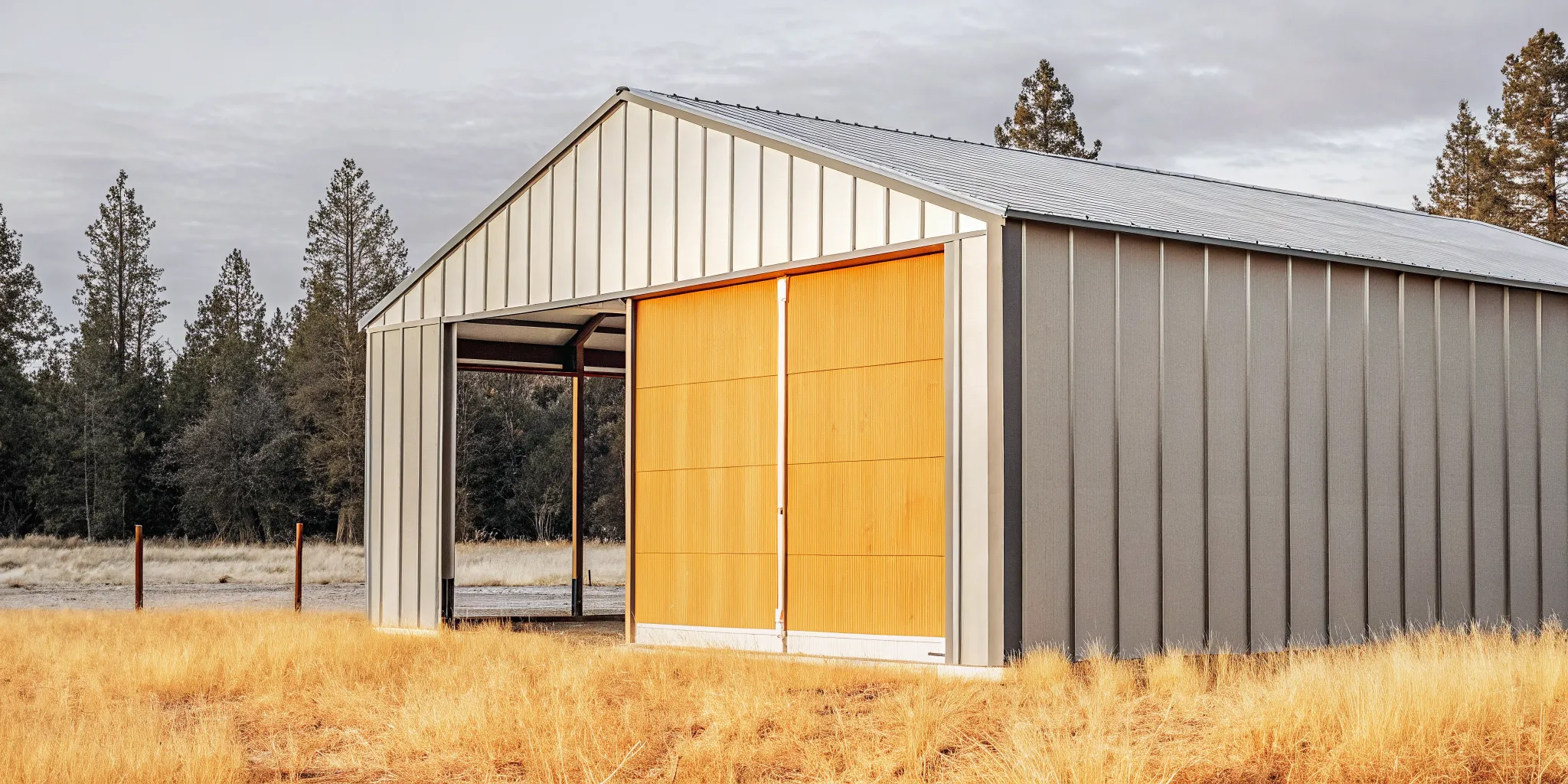 Exterior daytime view of a completed pole barn with steel siding in rural Oregon